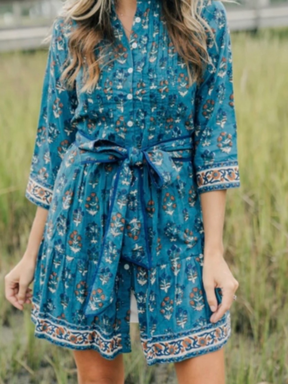 Victoria Dunn Naomi Dress Wedgewood Blue Women's Medium 100% Cotton Floral Boho